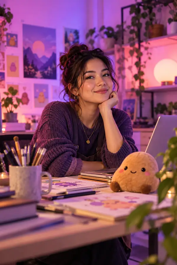 Editorial portrait of a creative entrepreneur at a small studio workspace, softly lit by pink and violet light, confident and approachable, vertical framing.